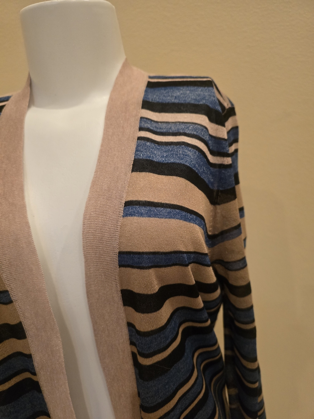 LOFT Striped Open Front Cardigan in Beige, Blue, Black - Picture 2 of 9